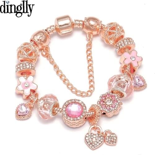 Dropshipping Rose Gold Flower Beads Bracelets For Women Heart Charm Bracelet Bangle Original Girls Fine Snake Chain Jewelry