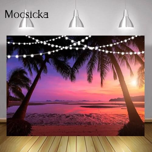 Photography Seaside Sunset Backdrop Summer Sea Beach Tropical Palm Tree Background Hawaiian Aloha Wedding Holiday Party Decor