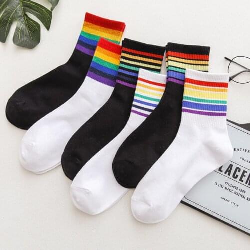 Classic Fashion Female Socks Cotton Rainbow Stripes Warm Casual Tide Socks Funny Harajuku Cute Pop Korean Socks