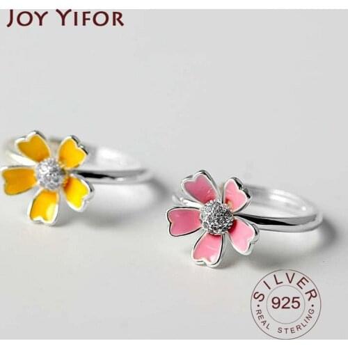 Genuine 925 Sterling Silver Rings for Women yellow pink flower vantage Minimalist Thin Circle Gem Rings fine Jewelry