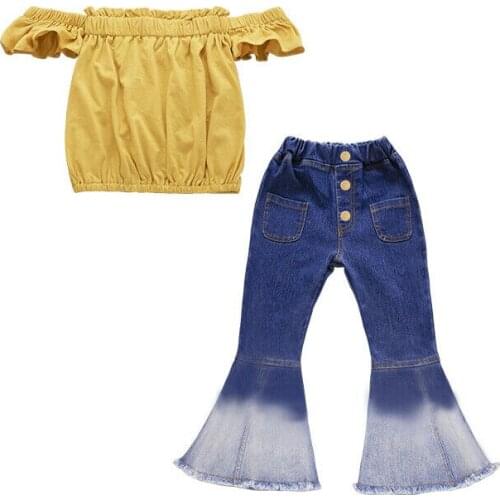 2Pcs Toddler Kids Baby Girls Off Shoulder Tops Denim Long Pants Jeans Outfit Set
