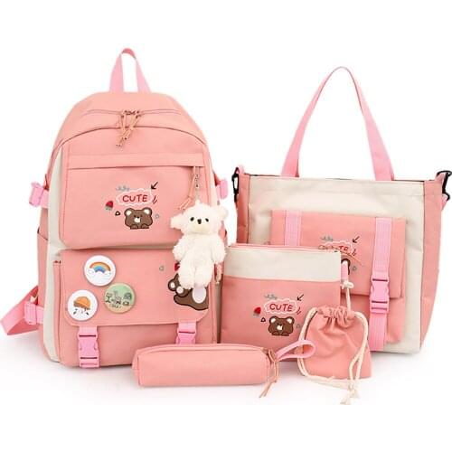 5 Pcs Sets Backpacks For School Girls Teenages Cute Bear Pinted Travel Backpack Women Luxury Designer Shoulder Bags Pencil Case