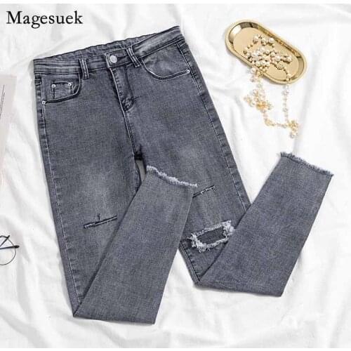 Korean Fashion High Waist Denim Jeans 2020 Gray Denim Elastic Trousers for Ladies Hole Button Women Pencil Pants Pantalon 11721