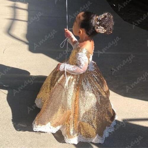Amaya Gold Sequined Flower Girl Dress For Wedding Long Sleeves Lace Appliques Little Girls Communion Party Dress Birthday Gown