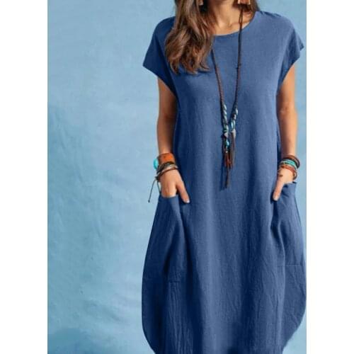 Summer Casual Loose Solid Long Straight Dress Women Leisure O-neckline Solid Dress Short Sleeve Pocket Dress Streetwear Robe