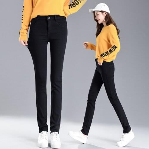 Hot Women Straight Jeans 2021 Stretch Female Classic Pants Fashion Korean Trouser for Girls Jean Pantalon Femme Black Blue 26 34