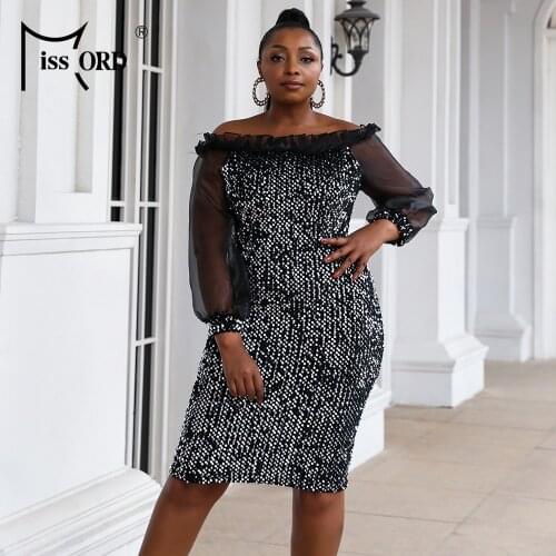 Missord 2021 Women Plus Size Dress Evening Off Shoulder Sequins Lace Long Sleeve Party Elegant Wedding Vestidos Black Curve 3XL