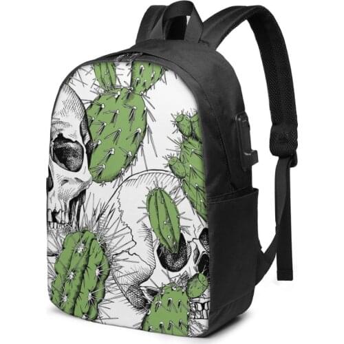 Fashion Backpack Skull And Green Cacti Student School Bag For Boy Girl Teenager USB Charge Computer Laptop Back Pack