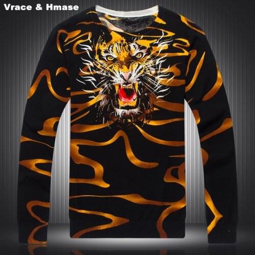 Chinese style personality tiger head pattern printing diamonds sweater 2016 Autumn&Winter fashion pullover sweater men M-XXXL