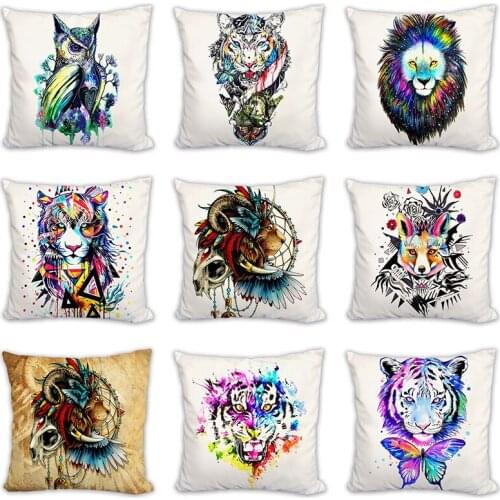 Watercolor owl tiger wolf lion fox butterfly horse bear elephant cushion cover 45x45cm fundas cojines cuscini divano مخدات كنب