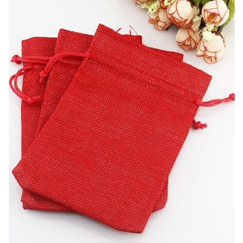 New 100 pcs/Lot 7*9cm Red Linen Fabric Jute Drawstring bags Gift package bags Natural Burlap Bags with Nylon Drawstring