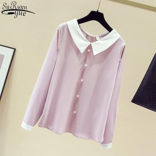 2021 Autumn Vintage Chiffon Blouse Long Sleeve Korean V-neck Solid Womens Shirts Peter Pan Collar Beading Clothes Blusas 11143