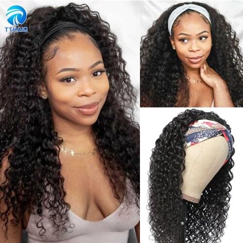 Human Hair Wigs Headband Wig Curly Human Hair Wig With Bangs u Part Wig Full Machine Made Wigs For Women 150 Peruvian Remy Hair
