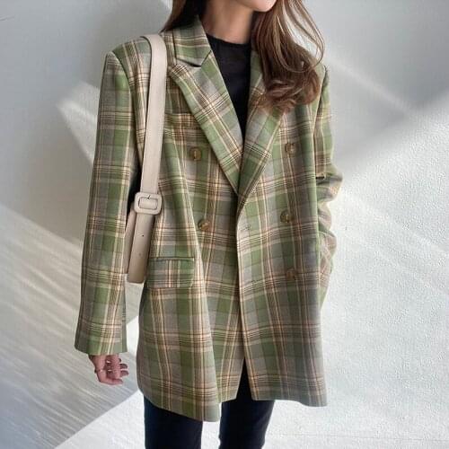 Snordic Women Autumn Vintage Green Plaid Double Breasted Blazer Coat Notched Collar Leisure Jacket Outwear Suit