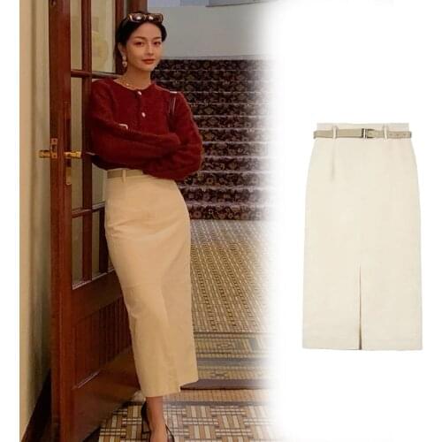 Vintage High Waist Temperament Long Skirt Fashion Elegant Women Skirts Corduroy Split Fork Sexy A-line Skirt Casual Midi Skirt