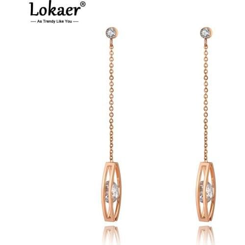 Lokaer Titanium Stainless Steel Geometry Tassel Earrings Rose Gold Fashion CZ Crystal Bohemia Dangle Earrings For Women E20183