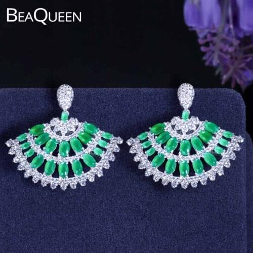 BeaQueen Famous Designer Green White CZ Zirconia Stone Big Fan Dangling Drop Party Earrings Vintage Jewelry for Women E108