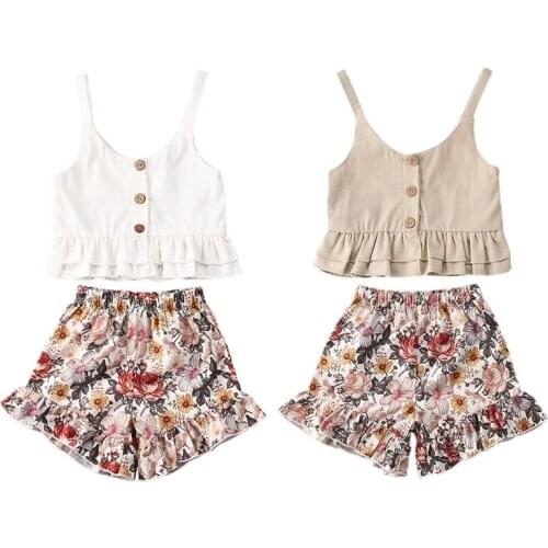 1-5Y NEW Summer Kid Baby Girls Floral Outfits Sleeveless Ruffled Strap Tops + Short Pants 2Pcs Clothes Set