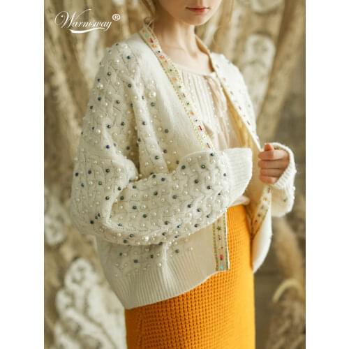 Female Runway Sweater Elegant Knitted Coat Autumn Winter Clothes Loose Pearl Beading Casual Cardigans Women Tops C-036