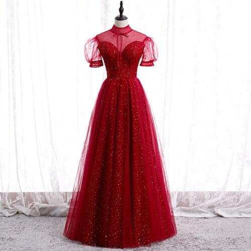 Dresses High Short Tulle Lace A-Line Luxury Burgundy Sequined Pearls Beading Women Formal Evening Gown HB284