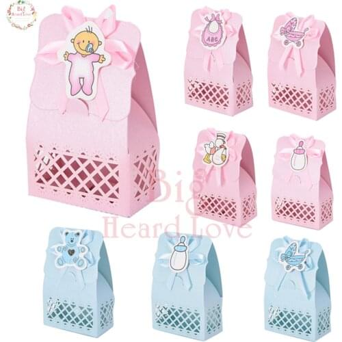 12pcs Pink Blue Cute Duck Bib Bear Laser Cut Candy Box Paper Box Baptism Baby Shower Candy Gift Box Sweet Birthday Party Supply