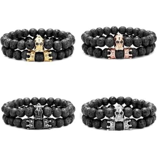 2pcs/lot 8mm skull crown gold silver copper cz zircon cubic zirconia beads bohemian Bracelet agate Onyx Stone Bangles rfr4