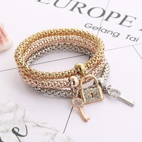 3 Pcs/set Crystal Key Lock pendant Charm Bracelets Set for Women Girls Best Friend Gifts Elastic Rope Chain Bracelets & Bangles