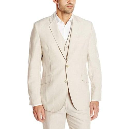 ANNIEBRITNEY Ivory 3 Piece Casual Men Summer Linen Suit Fashion Tuxedo Groom Suits For Men Wedding Linen Ivory High End Tuxedo