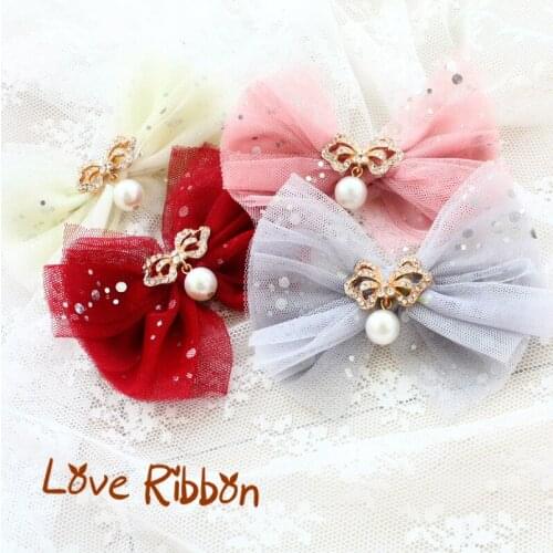 Free Shipping Handmade Dog Accessories Rhinestone Butterfly Pearl Pendant Tulle Bow Knot Headdress Wedding Pet Hairpin Maltese