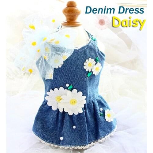 Free Shipping Handmade Real Denim Dog Clothes Pet Slip Dress Sweet Sunshine Little Daisy Jewel Poodle Maltese Yorkie