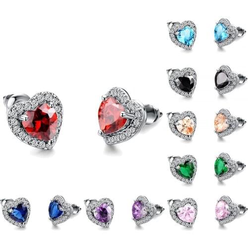 Dainty Female Love Heart Small Stud Earrings Fashion Silver Color Zircon Earrings For Women Cute Rainbow Crystal Wedding Jewelry
