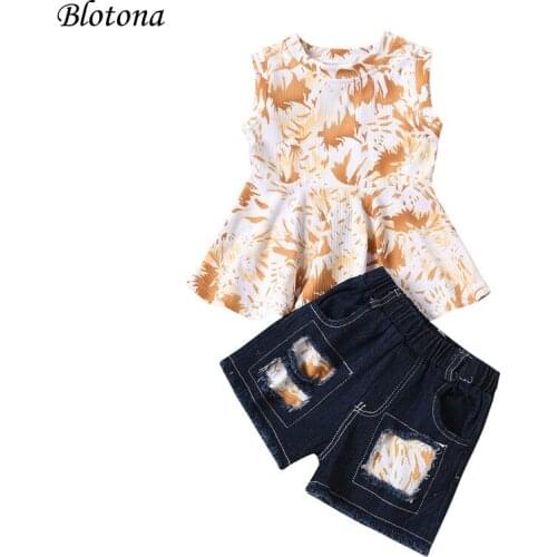 Blotona Kids Summer 2Pcs Suit Set Girls Floral Print Round Collar Sleeveless Pullover+ Elastic Waist Ripped Denim Shorts 1-4Y