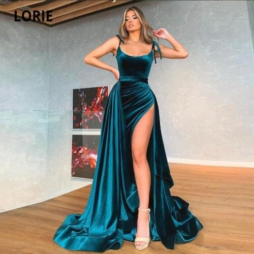 LORIE Arabic Evening Dress Sexy Spaghetti Strap High Side Split Mermaid Prom Gown Formal Velvet Sexy Green Prom Celebrity Gowns
