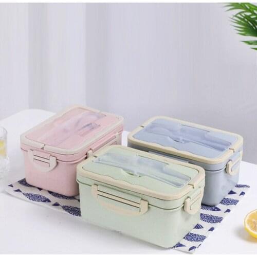 Wheat straw lunch box, spoon chopsticks, microwave oven three grid lunch box, student adult lunch box
