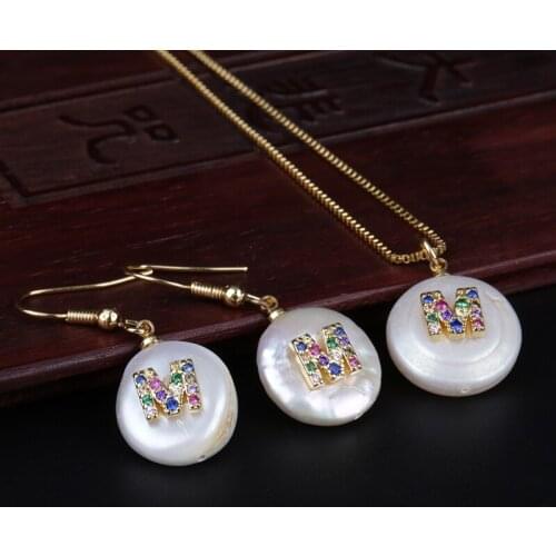 Rainbow cz tiny initial 26 alphabet letter name charm freshwater pearl gold choker necklace earring jewelry set for women