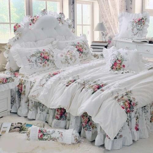 Luxury Lace Princess Bedspread Duvet Cover Set 4/6/8pcs Flower Ruffles Beige Bedding Sets Bed Skirt Bedclothes BedSheet Cotton