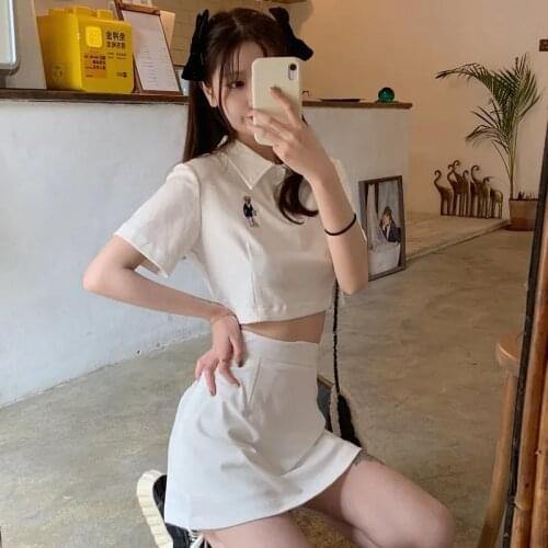 Lapel T-Shirt Set Dress Sweet Shorts Sets Solid Skirts Student Two Piece Set Women Split 2021 Skirt Bareback Sport 2 Piece Sets