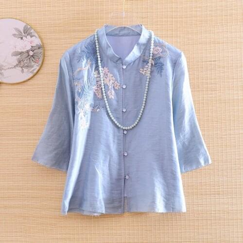 High-end Spring Summer Blouse Shirt Women Chinese Style Retro Embroidery Linen Cotton Loose Lady Shirt Top S-XXL