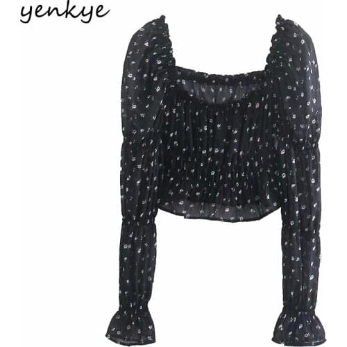 YENKYE Vintage Floral Print Chiffon Crop Top Women Sexy Square Neck Long Sleeve Fashion Summer Tops Blusas Mujer