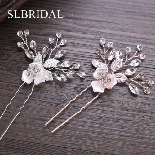 SLBRIDAL Handmade Crystals Flower Leaf Wedding Hair Pin Hair Sticker Bridal Hair Accessories Headpiece Bridemaids Jewelry Women