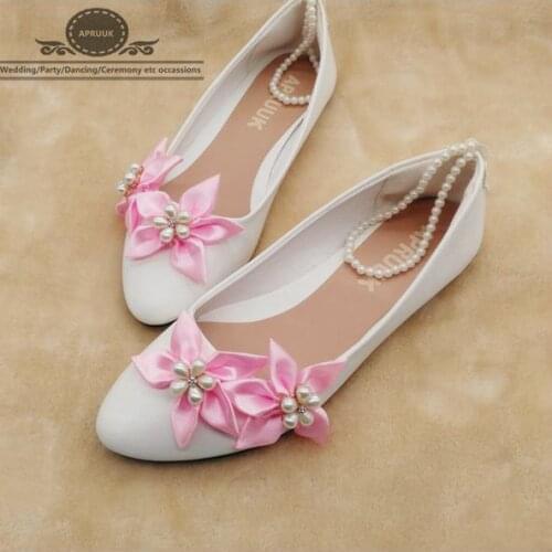 Pink flower white flats woman ladies girls sweet handmade ankle beading elastic straps dancing princess flats plus size