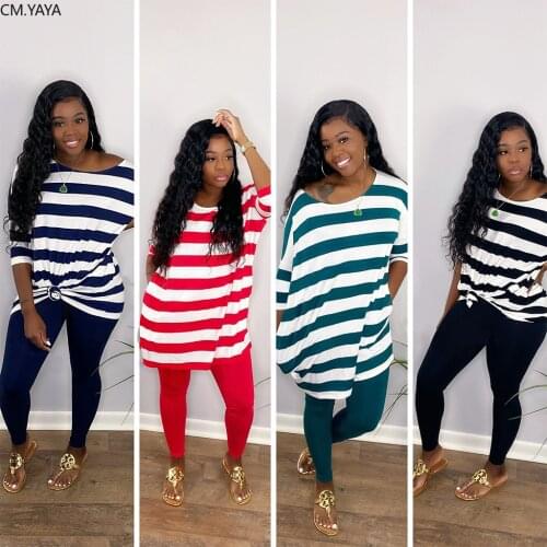 CM.YAYA Active Wear Womens Set Batwing Sleeve Striped Tee Tops Leggings Pants Suit Tracksuit Two Piece Set Fitness Outfit