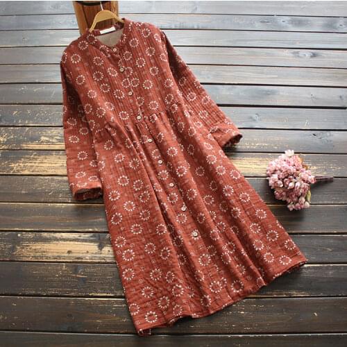 8722 New Spring Women Dress Japan Style Literary Long Sleeve Stand Collar Floral Print Single Breasted Cotton linen Dress