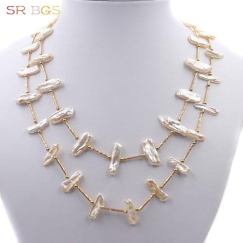 Free Shipping SR 6x20mm Freeform Freshwater Pearl Copper Spacer Handmade Women Rope Necklace 19"- 60"