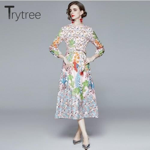 Trytree 2021 Spring Autumn Womens Dress Casual Silky O-neck Floral Printed Belt Mid-Calf Elegant High Street Office Lady Dress
