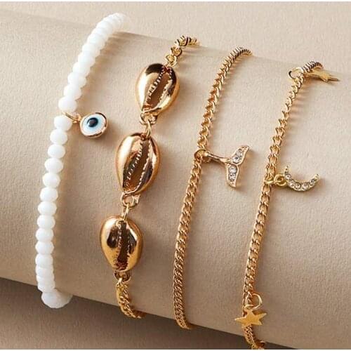 2020 Turkish Eyes Beads Anklets For Women Sandals Pulseras Tobilleras Mujer Cowrie Moon Star Tail Pendants Anklet Foot Jewelry