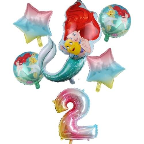 6pcs mermaid Ariel cartoon disney princess foil balloons 32Inch Number baby girl pink air baloes birthday party decor kids toys