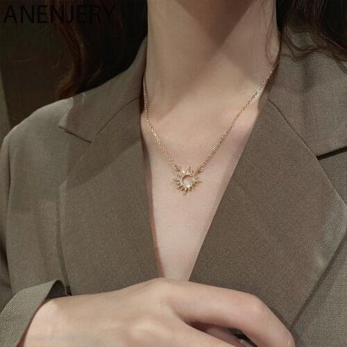 ANENJERY 925 Sterling Silver Shiny Zircon Sun Necklace Light Luxury Niche Design Clavicle Chain Necklaces Gift