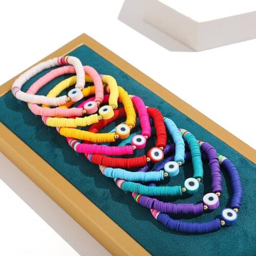 Bohemia Evil Eye Polymer Clay Bracelets Bangle for Women Multicolor Handmade Disc Beaded Elastic Rope Bracelet Female Jewelry