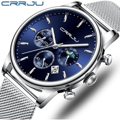 Top Luxury Brand CRRJU New Stylish Business Quartz Watch for Men Silver Band Blue Dial Daily Waterproof Sport Clock 2019